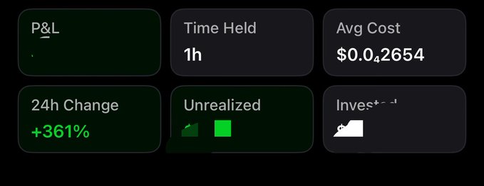 A digital dashboard showing trading metrics including 'P&L', 'Time Held 1h', 'Avg Cost $0.02654', '24h Change +361%', and 'Unrealized' gains.