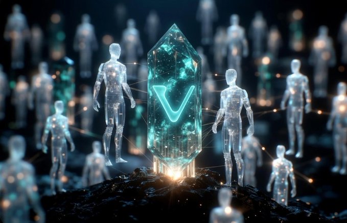 The image depicts a glowing VeChain (VET) branded crystalline crystal surrounded by transparent humanoid figures connected by nodes, visually representing the network of AI agents highlighted in the post. The central "V" logo ties directly to VeChain's branding, illustrating how AgentSuite's no-code AI agents with on-chain identity form an interconnected ecosystem—a tangible visualization of the post's claim about VeChain's differentiated utility in 2026.