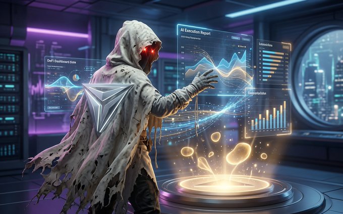 A stylized digital art illustration of a hooded figure with glowing red eyes interacting with holographic data screens showing AI Execution Reports and dashboards, with a Tron (TRX) logo overlay.