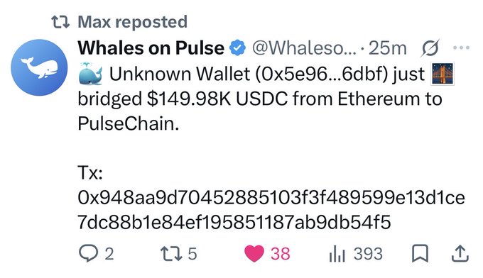 A tweet from 'Whales on Pulse' (@Whaleso...) reporting that an unknown wallet bridged $149.98K USDC from Ethereum to PulseChain.