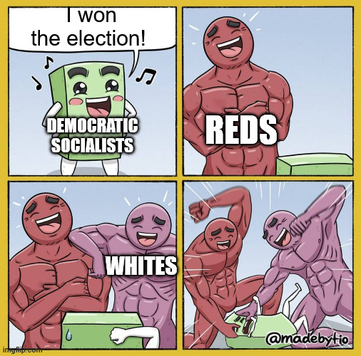 A four-panel comic using the 'Strong Buff Guys' meme template where a 'Democratic Socialists' character claims 'I won the election!' but is physically beaten by muscular figures labeled 'REDS', 'WHITES', and another 'REDS' character, ending with a 'WHAT?' caption and the watermark '@madebytio'.