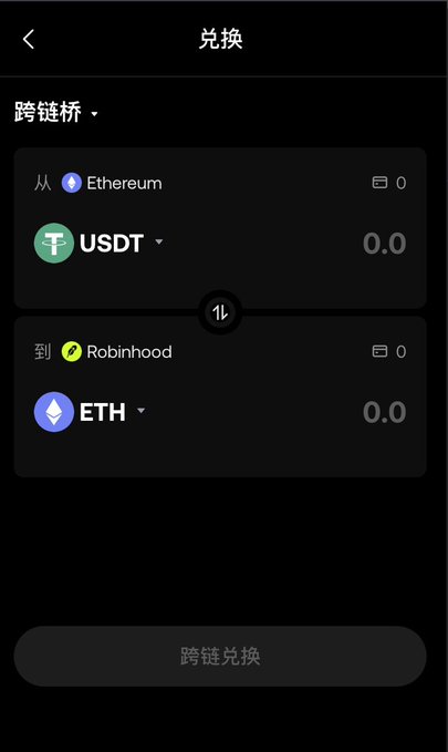 The image displays an OKX wallet cross-chain swap interface showing the conversion of USDT on Ethereum to ETH on the Robinhood chain, with an "兑换" (Swap) button at the bottom, aligning with the post about OKX Wallet now supporting cross-chain transactions to the Robinhood chain using invite code VIP6VIP for 20% commission rebate.