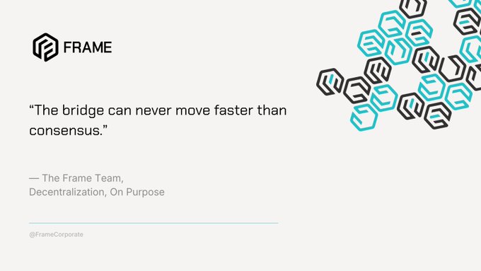 A quote slide from the Frame Team reading 'The bridge can never move faster than consensus,' attributed to 'Decentralization, On Purpose' with the Frame logo and handle @FrameCorporate.