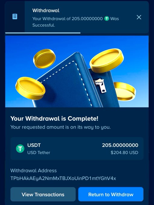 A cryptocurrency withdrawal confirmation screen showing a successful 205.00000000 USDT ($204.80 USD) transaction to a Withdrawal Address beginning with TPbHAkAEy.