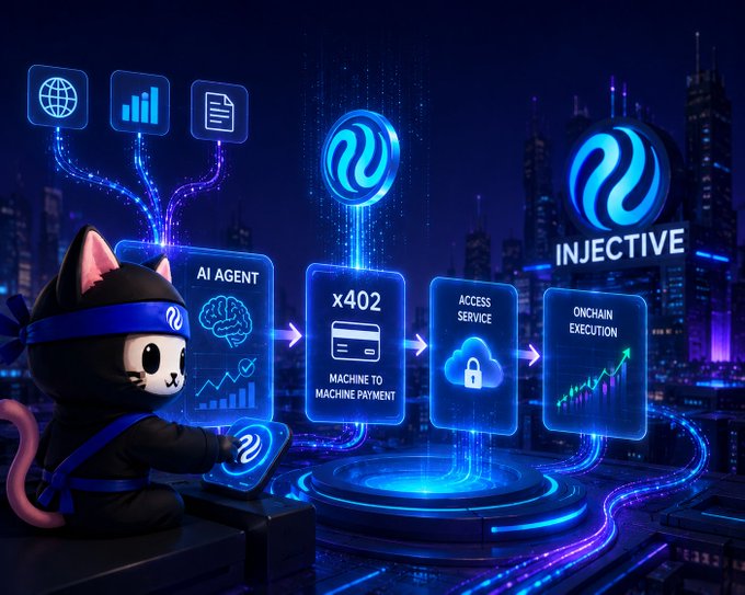 Tech infographic for INJECTIVE featuring a cat mascot ninja character as an "AI AGENT," with flow diagram showing x402 Machine to Machine Payment, Access Service, and Onchain Execution against a city skyline.