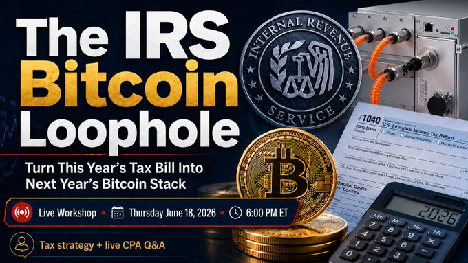 The image shows a poster for a Bitcoin investment seminar that explains how to take advantage of the IRS loophole by purchasing Bitcoins before receiving tax benefits from them. The poster features a stack of Bitcoins, a calculator, and a tax form, all related to the topic at hand.