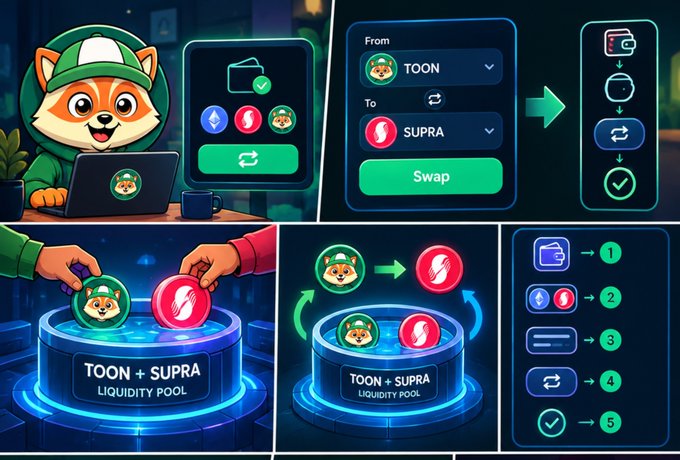 An illustrated infographic explains how the Toon Swap platform on Supra works, featuring a Shiba Inu mascot and a swap interface from TOON to SUPRA, alongside visuals of a "TOON + SUPRA Liquidity Pool" and a numbered 5-step process. The image visually breaks down the AMM (Automated Market Maker) system mentioned in the post, showing how tokens are exchanged and supplied to liquidity pools without needing a traditional counterparty.