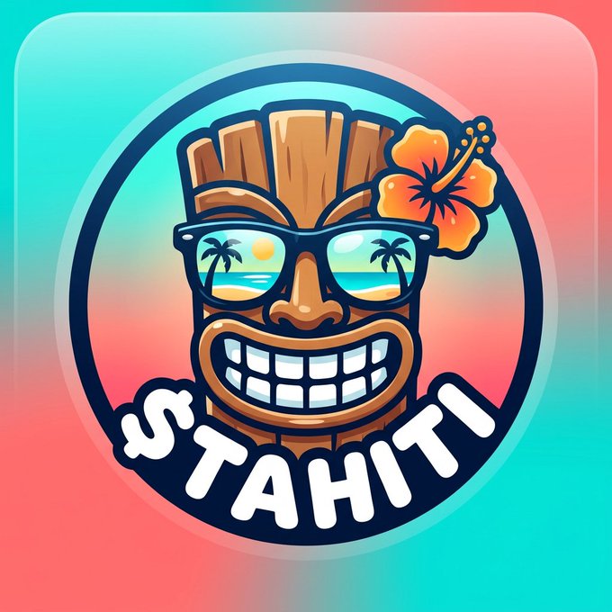 A colorful logo featuring a smiling tiki mask with sunglasses reflecting a beach scene, decorated with a hibiscus flower, with the text 'ST TAHITI' displayed below.