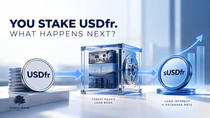 A promotional graphic for 'Forrest Road Vault' showing USDfr coins flowing into a transparent safe ('Forrest Road's Loan Book') and converting to sUSDfr via 'Loan Interest → Exchange Rate', with the text 'YOU STAKE USDfr. WHAT HAPPENS NEXT?'