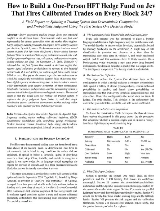 The image shows the first page of an academic-style research paper titled "How to Build a One-Person HFT Hedge Fund on Jev that Fires Calibrated Trades on Every Block 24/7," authored by TypeSafe AI, with sections including an abstract, introduction on the "Decision Layer Gap," system definition, and a comparison table of system properties (Jev, LLM, TypeSafe AI) showing metrics like latency (0.30μs vs 70-500ms), determinism, and cost. It relates to the post by presenting the formal paper documenting the Jev-based high-frequency trading bot's architecture, specifically introducing the core thesis of splitting deterministic code for trading math from probabilistic layers.
