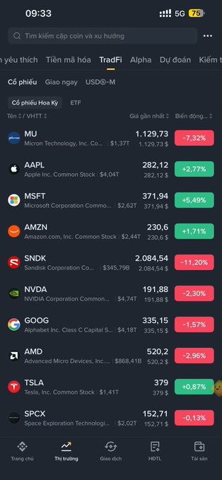 The image shows a stock trading app interface displaying US stock prices, with notable tickers including MU down 7.32% at $1,129.73, AAPL up 2.77% at $282.12, and NVDA down 2.30% at $191.88. This visual reinforces the post's message about Binance launching US stocks trading, as the screenshot demonstrates the platform's interface for tracking major stocks like the suggested NVDA pick.