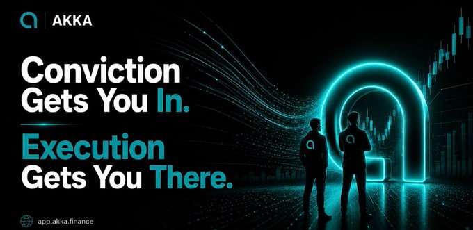 A promotional banner for AKKA featuring two silhouetted figures standing beside a glowing teal portal, alongside a candlestick chart. The bold white and teal text reads "Conviction Gets You In. Execution Gets You There," reinforcing the post's message that AKKA provides the execution tool for trading $HYPE.