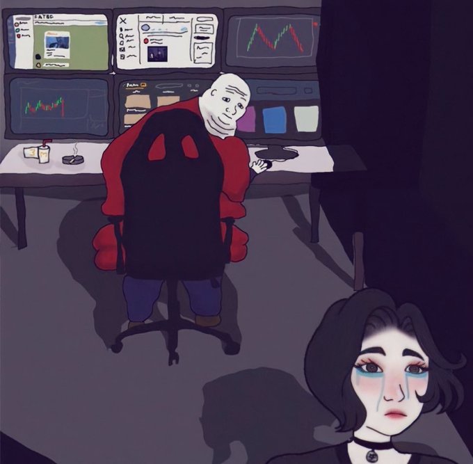 A hooded figure sits at a multi-monitor trading desk displaying candlestick charts and charts, while a teary-eyed woman in the foreground looks on, illustrating the humorous disconnect between traders obsessed with the market and their partners seeking emotional attention.