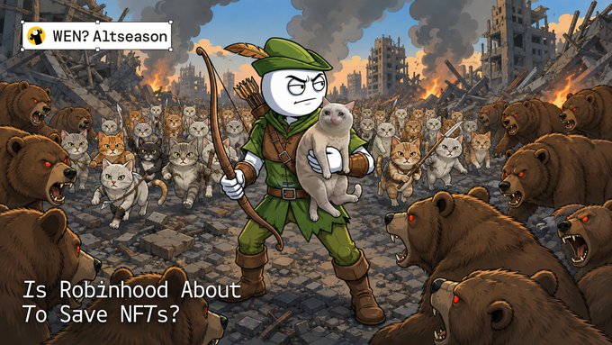 A cartoon character resembling the Reddit mascot "Snoo" dressed as Robin Hood cradles a cat while wielding a bow, surrounded by an army of cats and bears amid a burning cityscape. The image features text reading "WEN? Altseason" at the top and "Is Robinhood About To Save NFTs?" at the bottom, illustrating the post's theme of Robinhood's NFT chain overtaking the crypto market.