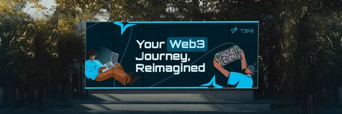 A large billboard displayed outdoors against a backdrop of trees advertises the T3KE brand with the slogan "Your Web3 Journey, Reimagined," featuring illustrations of two individuals using laptops and gaming devices, visually reinforcing the post's message about inviting broader audiences to explore and participate in the Web3 era beyond just crypto trading and airdrop chasing.