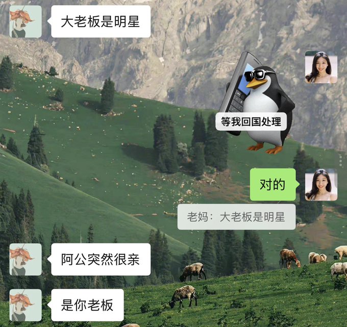The image shows a WeChat conversation where family members discuss the user's boss being named "明星" (Star), with the user's mom mentioning her dad was also suddenly close. The chat overlays a scenic mountain landscape with grazing sheep, and includes a penguin character with a phone displaying "等我回国处理" (Wait until I return to handle it), reflecting the humorous situation of the mom's reaction to learning her daughter's boss shares her father's name, as referenced in the post tagging @star_okx.