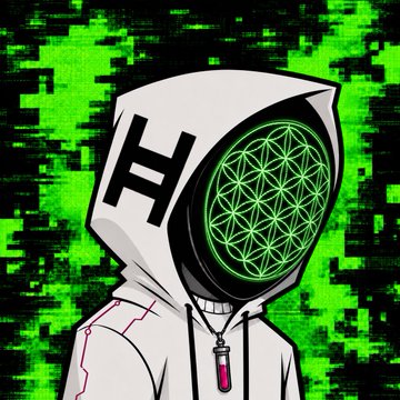 A stylized illustration of a hooded figure with a 'H' on the hood, featuring a head composed of a green geometric 'Flower of Life' pattern, set against a glitchy green and black background.