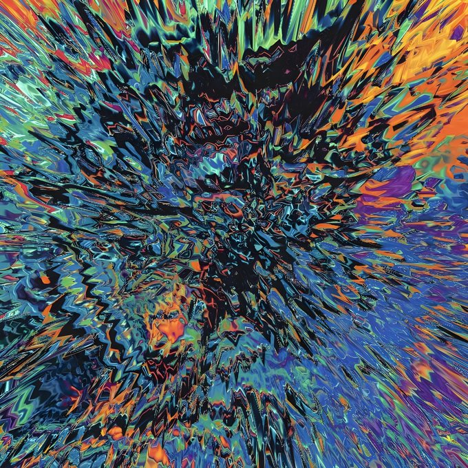 A vibrant abstract digital artwork with explosive, radiating brushstrokes in blues, oranges, greens, and purples creating a chaotic, energetic composition.