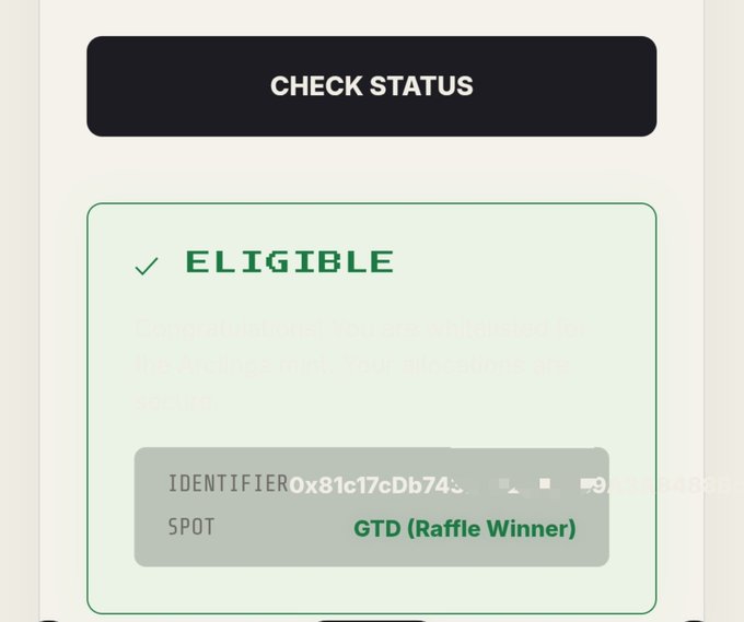 A 'CHECK STATUS' screen showing an 'ELIGIBLE' result with a green checkmark, an identifier starting with '0x81c17cDb74', and 'SPOT GTD (Raffle Winner)' in green text.