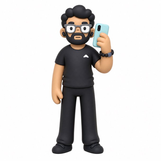 A 3D-rendered cartoon character of a bearded man with glasses, dressed in a black t-shirt and pants, holding up a light blue smartphone.