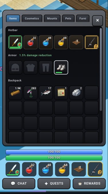 A mobile game inventory screen shows tabs for "Items", "Cosmetics", "Mounts", "Pets", and "Furni", displaying a hotbar with potions, a sword, a fishing rod, armor, and a backpack with items including 1.9K gold.