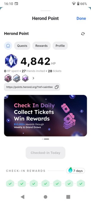 A screenshot of the Herond Point app showing a user with 4,842 HP, 27 friends invited, and a completed 7-day daily check-in streak.
