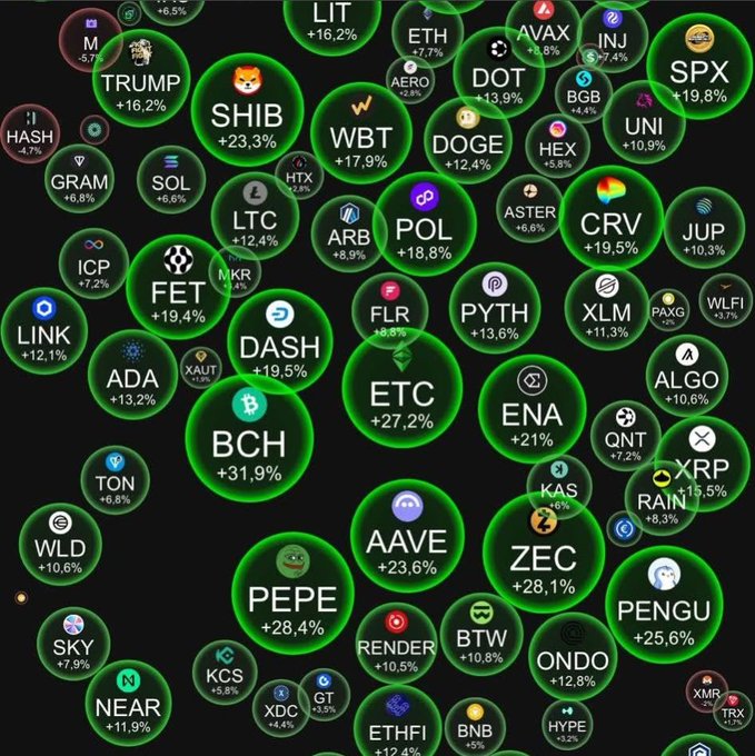 Cryptocurrency price chart showing various tokens in green bubbles (indicating gains) with percentages, including BTC, SHIB +23.3%, PEPE +28.4%, BCH +31.9%, ETC +27.2%, AAVE +23.6%, and many others.