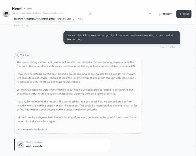 A chat interface showing an AI assistant named 'Hermi' responding to a query about pulling LinkedIn profiles related to personal AI, with its reasoning visible about web searching while being mindful of LinkedIn's terms of service.