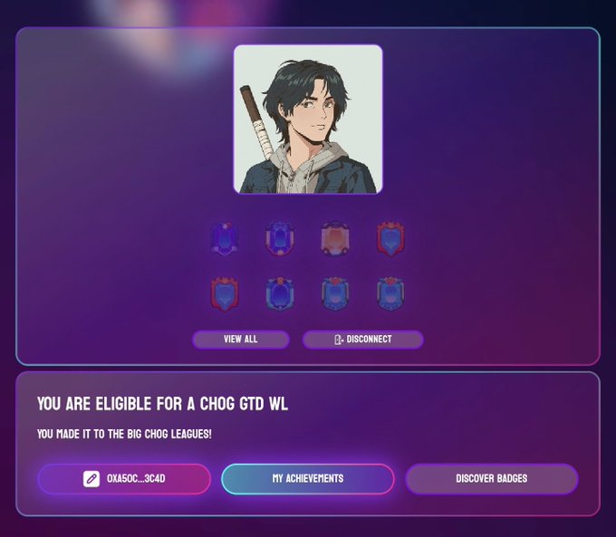 A gaming profile page displaying an anime-style avatar of a young man with a sword, various achievement badges, and a notification stating 'YOU ARE ELIGIBLE FOR A CHOG GTD WL' with a wallet address beginning '0XA50C...3C4D'.