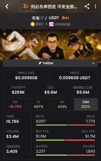 A cryptocurrency tracking app screenshot showing token "币有/ USDT" on BSC via Uniswap, priced at $0.009608, with a market cap of $9.6M and 24-hour gains of 252%, featuring an image of three men in the header.