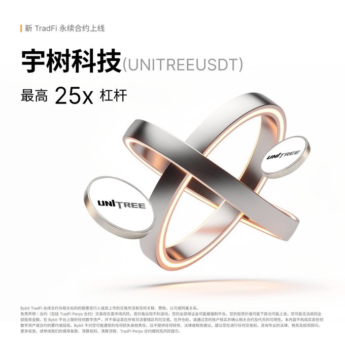 A promotional graphic for Bybit TradFi featuring 'UNITREE USDT' perpetual contract, showing 3D metallic rings with 'UNITREE' labels and Chinese text including '最高 25x 杠杆' (maximum 25x leverage).