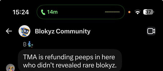 A WhatsApp screenshot from the "Blokyz Community" group at 15:24 shows a message stating, "TMA is refunding peeps in here who didn't revealed rare blokyz," which supports the accompanying post's claim that TMA is refunding users who failed to reveal rare Blokyz.