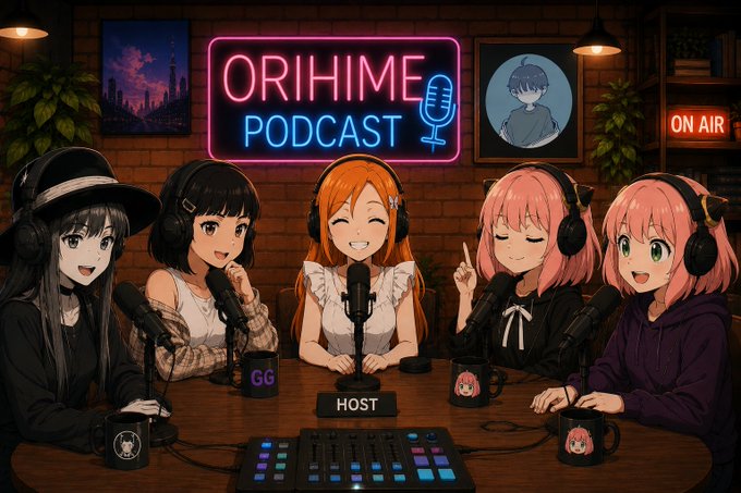 An anime-style illustration shows five girls with headphones around a table in a podcast studio, with a neon sign reading 'ORIHIME PODCAST' and 'HOST' labeled on the central orange-haired girl.