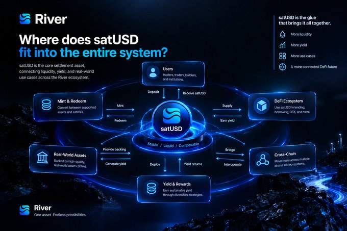 An infographic titled 'Where does satUSD fit into the entire system?' explains the River ecosystem and the role of satUSD as a core settlement asset.