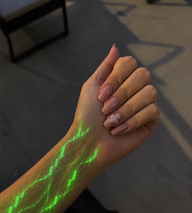 A close-up photograph of a hand with manicured nails featuring a small pink floral design, overlaid with glowing green digital trading chart graphics.