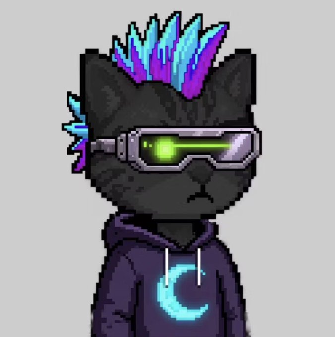 A pixel art illustration of a black cat with a purple and blue mohawk, wearing silver goggles with a green glowing lens and a purple hoodie with a blue crescent moon design.