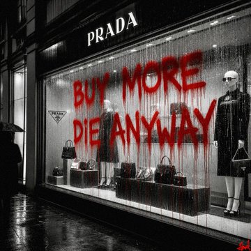 A black-and-white photograph of a Prada storefront window display where the red graffiti-style text 'BUY MORE DIE ANYWAY' has been spray-painted over the mannequins and handbags.