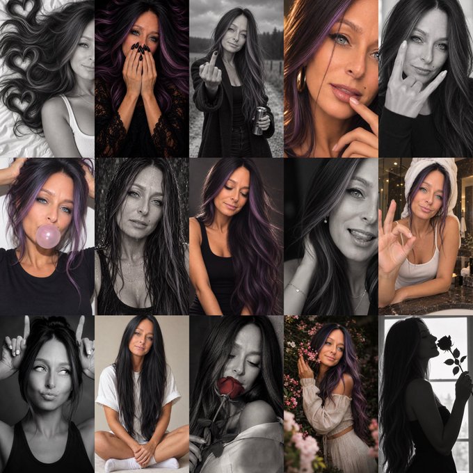 A collage of fifteen black-and-white and color portraits of a young woman with long dark hair, featuring some images with purple highlights.