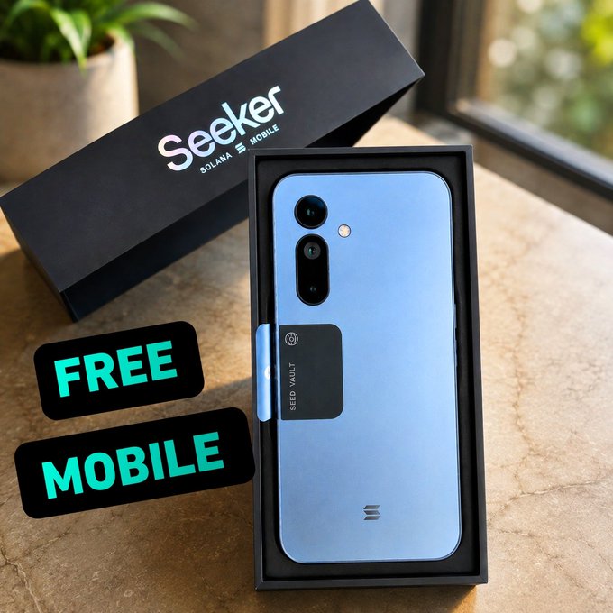 The image shows a light blue "Seeker" Solana Mobile smartphone in its black packaging box, featuring a built-in "Seed Vault" hardware wallet on the back. Text overlays on the image read "FREE MOBILE," highlighting the promotional angle of the post about earning rewards that exceeded the phone's $500 purchase price.