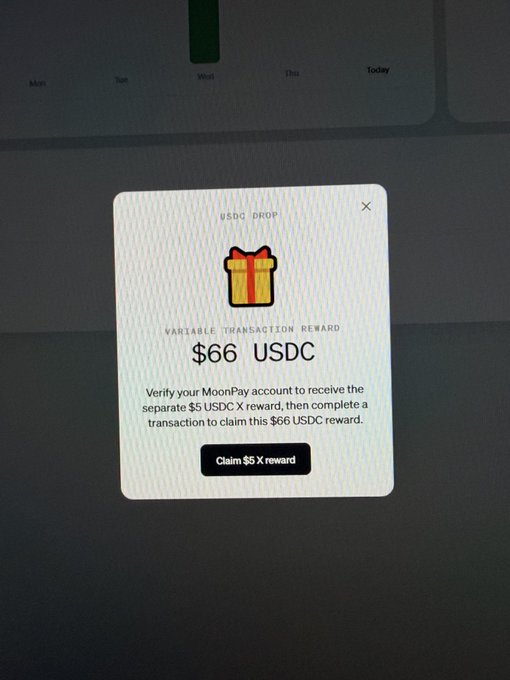 A USDC Drop popup offering a $66 USDC variable transaction reward from MoonPay, requiring verification and a separate $5 USDC transaction to claim.