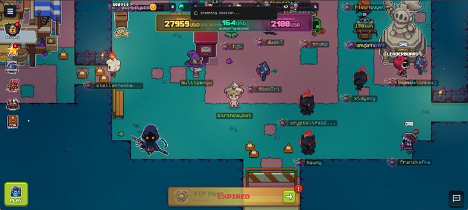 A screenshot from a multiplayer top-down game with various player avatars and usernames visible, showing a 'VIP Pass Expired' notification.