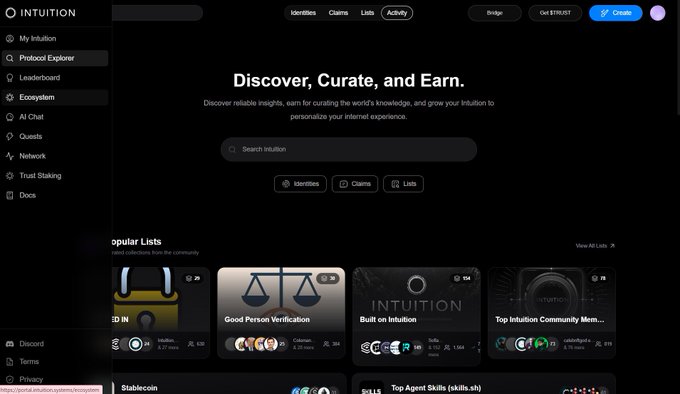 A screenshot of a dark-themed website named 'INTUITION' with the tagline 'Discover, Curate, and Earn.', featuring a sidebar menu and a 'Popular Lists' section showing items like 'Good Person Verification' and 'Top Intuition Community Mem...'.