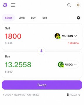 A screenshot of a cryptocurrency swap interface showing the exchange of 1800 MOTION (valued at $13.39) for 13.2558 USDC (valued at $12.60), illustrating a practical example of converting earned $MOTION rewards mentioned in the post into a stablecoin at the current market rate.