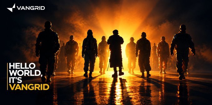 Silhouetted figures walk forward through a fiery orange backdrop in a promotional image with the logo 'VANGRID' and the text 'HELLO WORLD, IT'S VANGRID'.