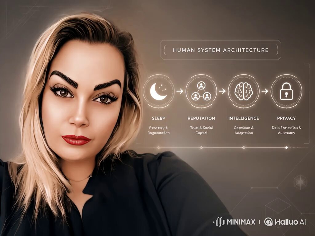 The image features a woman with blonde hair wearing a black shirt who appears to be posing for a photo. She has red lipstick on her lips, giving her a bold and confident look. In front of her, there are five circles arranged vertically, each representing a different stage in the human system architecture. These stages include sleep, reputation, intelligence, privacy, and data protection. The woman's pose suggests that she is posing for this image to showcase the progression through these stages or to highlight the importance of understanding how they work together as part of a full human system.