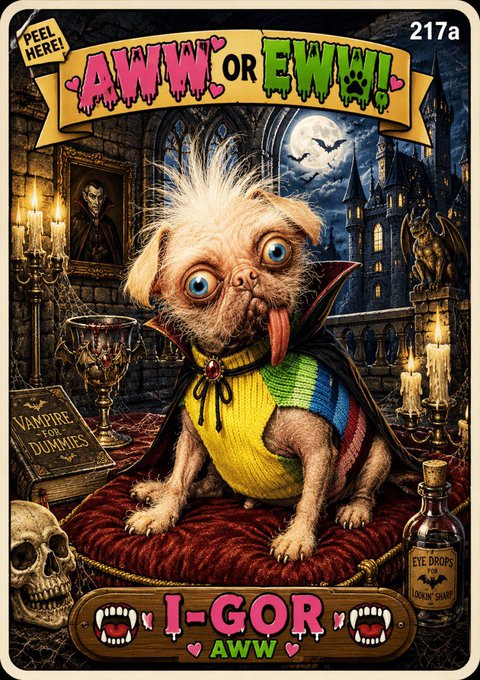 A parody of a Garbage Pail Kids-style trading card titled 'AWW OR EWW!' featuring 'I-GOR AWW,' a cute yet creepy vampire dog in a Dracula-themed sweater surrounded by gothic decor.