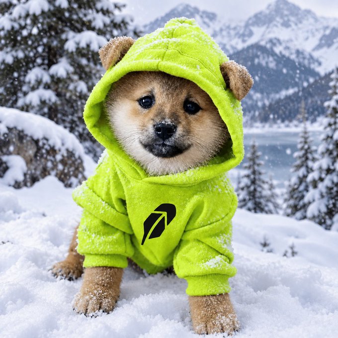 An adorable Shiba Inu puppy wearing a bright green bear-eared hoodie, sitting in fresh snow with mountains and trees in the background.