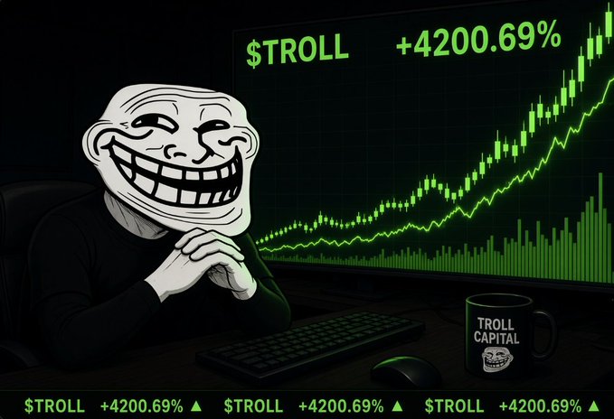 The image shows the classic Trollface meme character sitting at a computer with a chart displaying "$TROLL +4200.69%" in green, accompanied by a "TROLL CAPITAL" mug—visually celebrating the meme coin's massive gains and tying into the post's bullish sentiment about riding the meme coin wave higher.