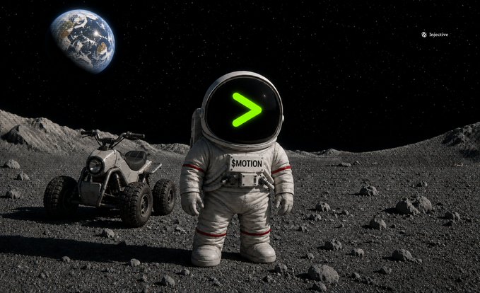 A surreal image shows an astronaut with a green '>' symbol on its helmet and '$MOTION' on its chest standing on a lunar-like surface next to a four-wheeled vehicle, with Earth visible in the sky and 'Injective' branding in the corner.
