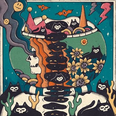 A vibrant, surreal illustration featuring a tower of black cat skulls surrounded by sunflowers, geometric shapes, and scattered black cats against a teal background.